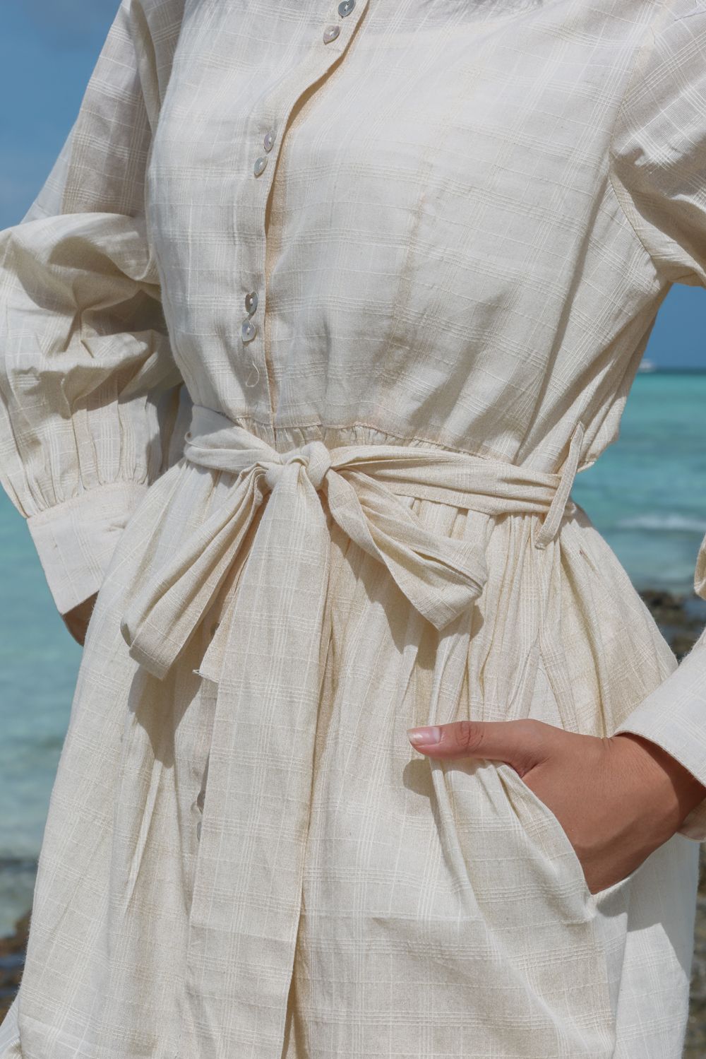Recycled Cotton Off-White Maxi Dress at Kamakhyaa by Raas. This item is Azo Free Dyes, Casual Wear, Cotton, Layla, Maxi Dresses, Off-White, Recycled, Relaxed Fit, Shirt Dresses, Solids, Tiered Dresses, Womenswear