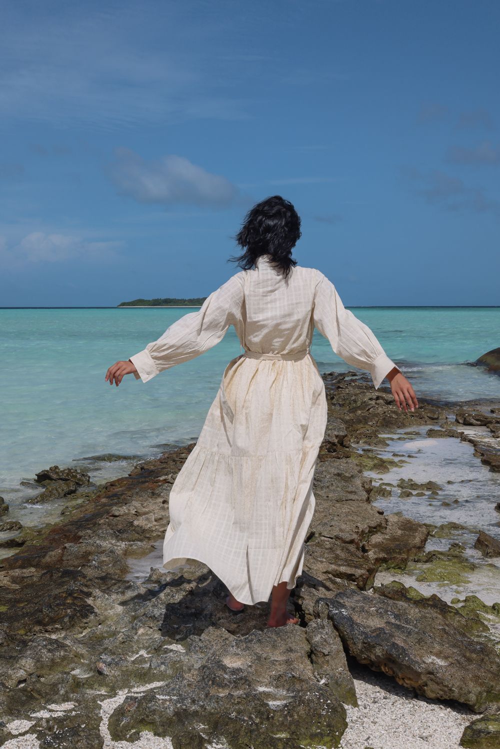 Recycled Cotton Off-White Maxi Dress at Kamakhyaa by Raas. This item is Azo Free Dyes, Casual Wear, Cotton, Layla, Maxi Dresses, Off-White, Recycled, Relaxed Fit, Shirt Dresses, Solids, Tiered Dresses, Womenswear