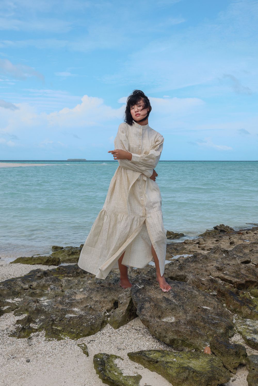 Recycled Cotton Off-White Maxi Dress at Kamakhyaa by Raas. This item is Azo Free Dyes, Casual Wear, Cotton, Layla, Maxi Dresses, Off-White, Recycled, Relaxed Fit, Shirt Dresses, Solids, Tiered Dresses, Womenswear