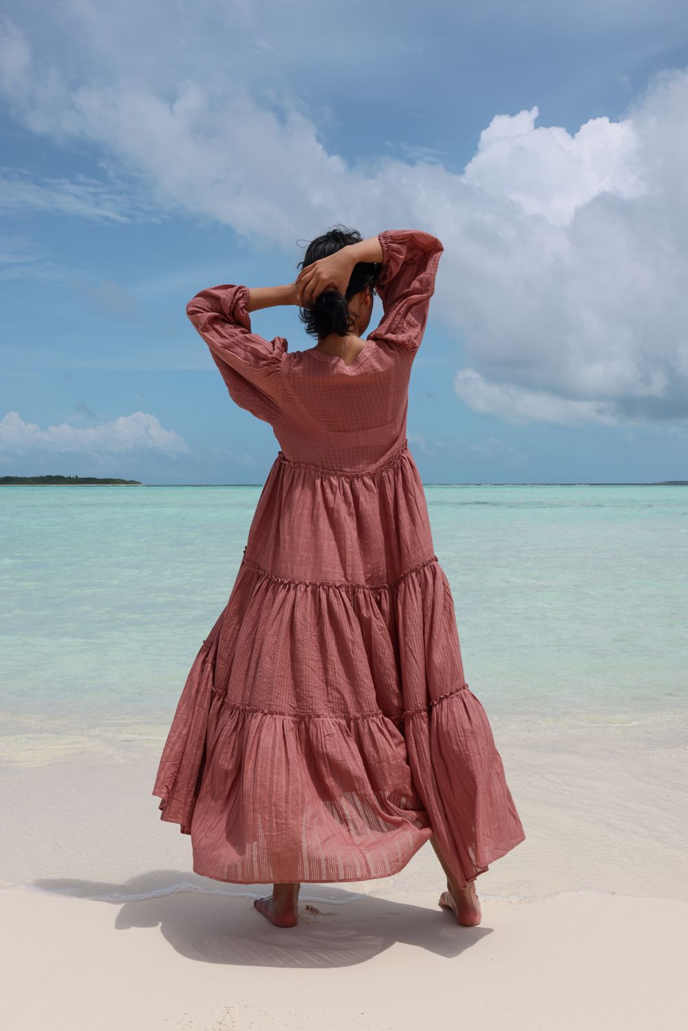 Recycled Cotton Pink Maxi Tiered Dress at Kamakhyaa by Raas. This item is Azo Free Dyes, Cotton, Layla, Maxi Dresses, Pink, Recycled, Relaxed Fit, Resort Wear, Solids, Tiered Dresses, Womenswear