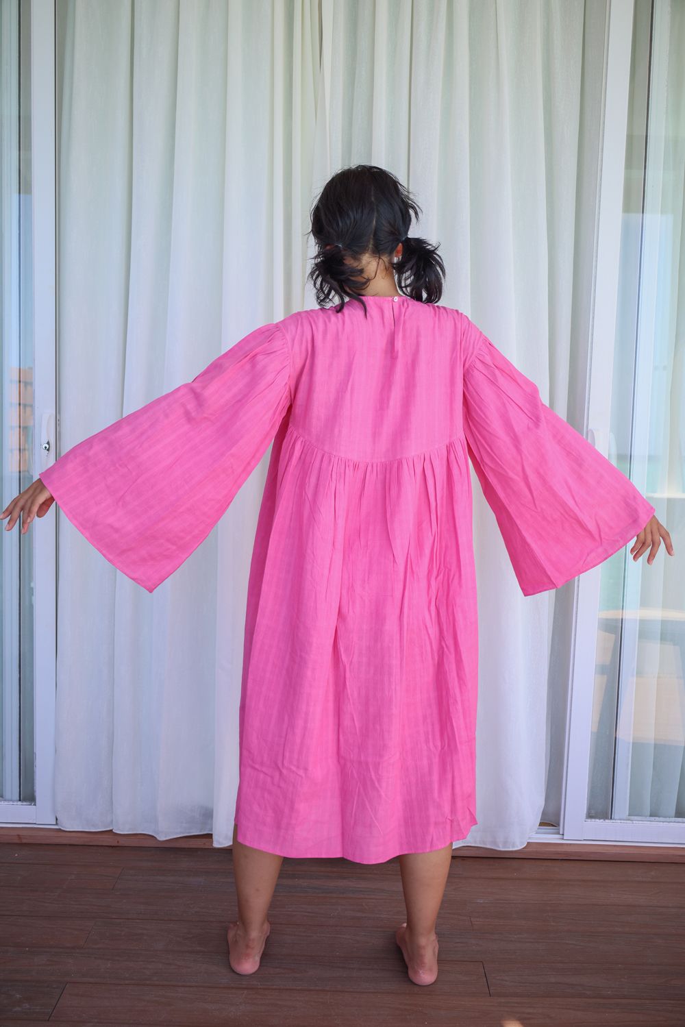 Recycled Cotton Pink Midi Dress at Kamakhyaa by Raas. This item is Azo Free Dyes, Cotton, Layla, Midi Dresses, Pink, Recycled, Relaxed Fit, Resort Wear, Solids, Womenswear