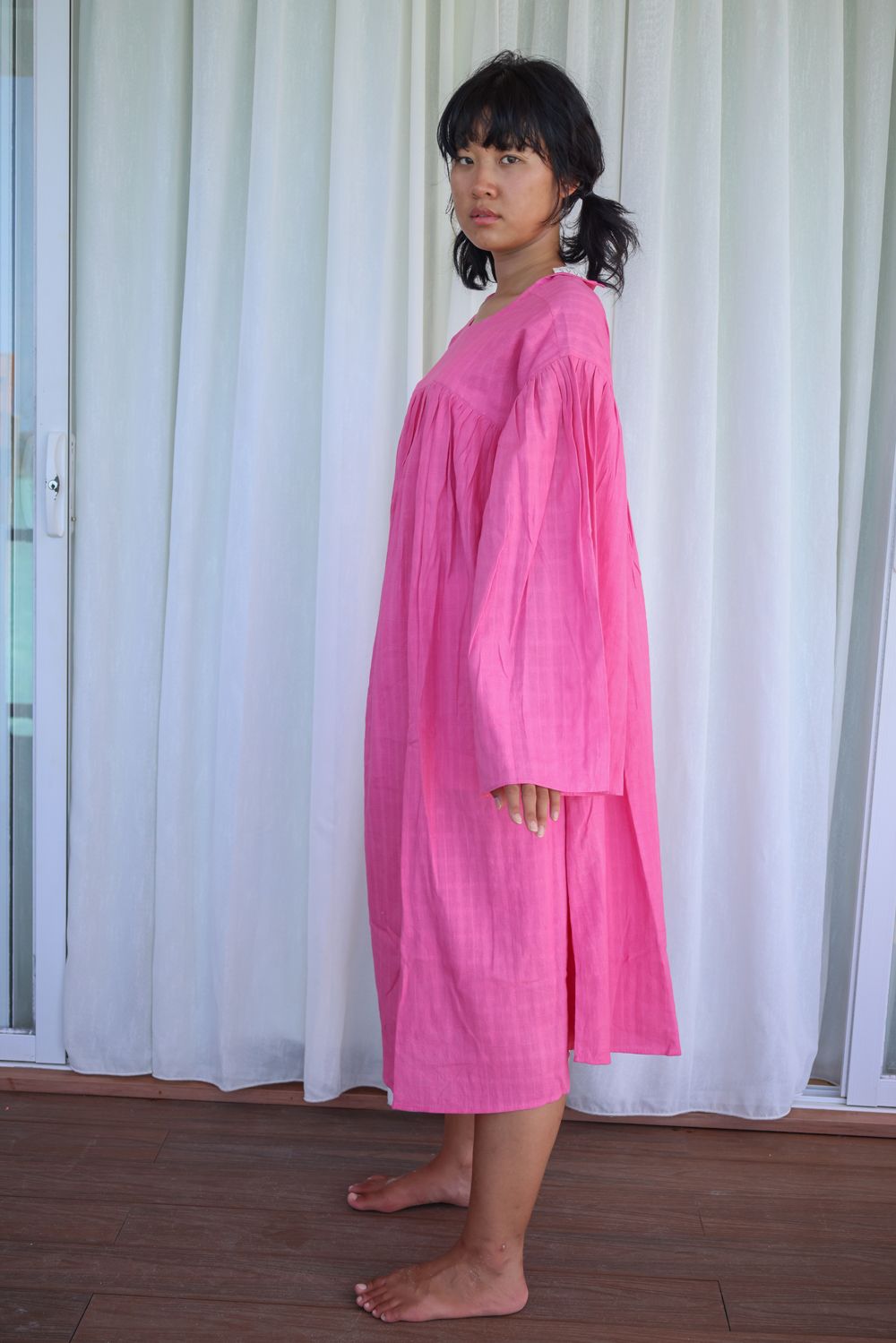Recycled Cotton Pink Midi Dress at Kamakhyaa by Raas. This item is Azo Free Dyes, Cotton, Layla, Midi Dresses, Pink, Recycled, Relaxed Fit, Resort Wear, Solids, Womenswear