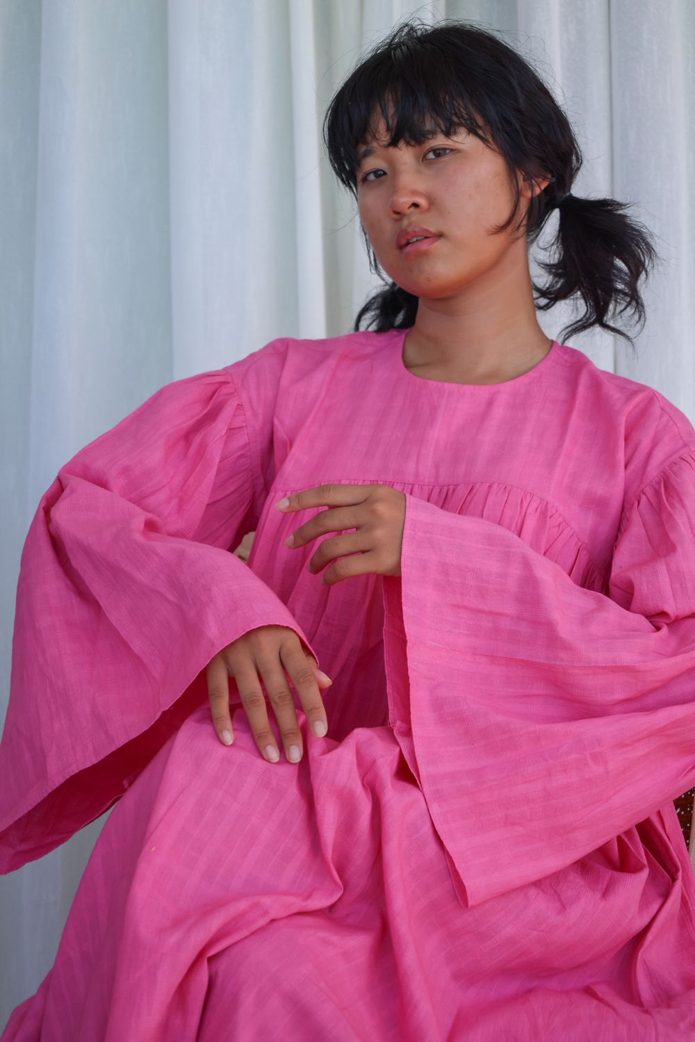 Recycled Cotton Pink Midi Dress at Kamakhyaa by Raas. This item is Azo Free Dyes, Cotton, Layla, Midi Dresses, Pink, Recycled, Relaxed Fit, Resort Wear, Solids, Womenswear