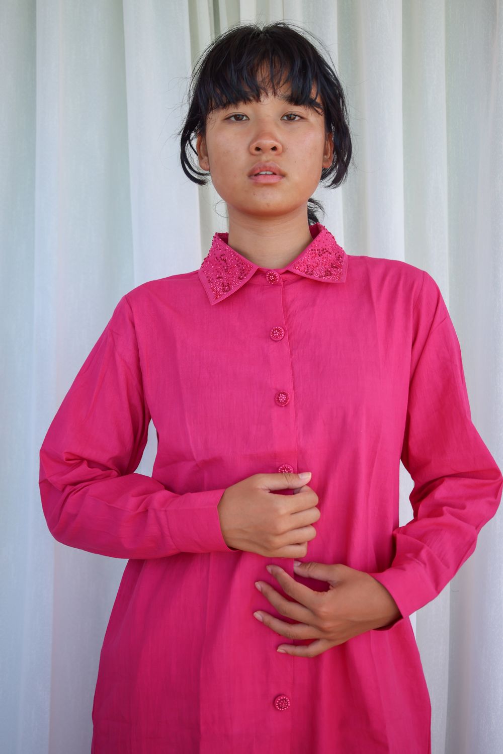 Recycled Cotton Pink Solid Shirt at Kamakhyaa by Raas. This item is Azo Free Dyes, Best Selling, Cotton, Layla, Office Wear, Pink, Recycled, Relaxed Fit, Shirts, Solids, Womenswear