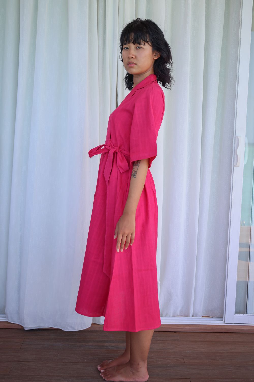 Recycled Cotton Pink Wrap Dress at Kamakhyaa by Raas. This item is Azo Free Dyes, Casual Wear, Cotton, Layla, Midi Dresses, Pink, Recycled, Relaxed Fit, Solids, Womenswear, Wrap Dresses