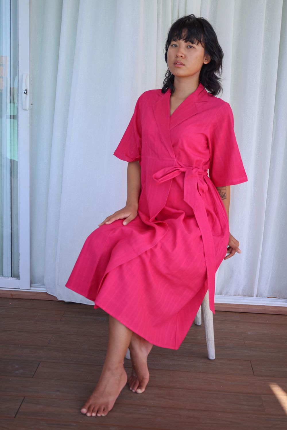 Recycled Cotton Pink Wrap Dress at Kamakhyaa by Raas. This item is Azo Free Dyes, Casual Wear, Cotton, Layla, Midi Dresses, Pink, Recycled, Relaxed Fit, Solids, Womenswear, Wrap Dresses
