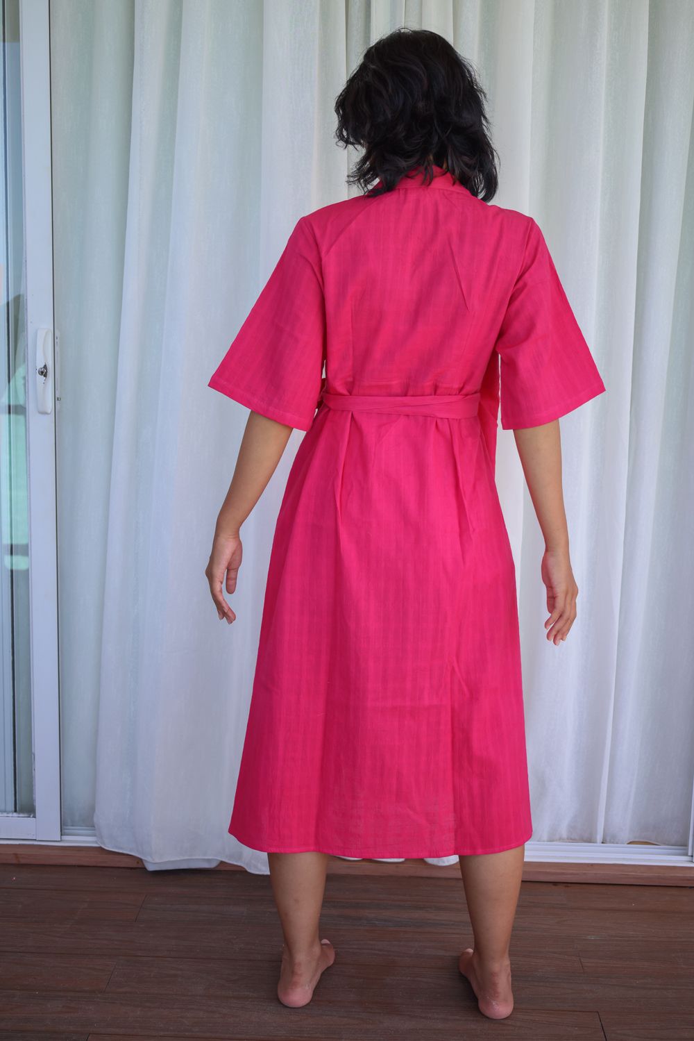 Recycled Cotton Pink Wrap Dress at Kamakhyaa by Raas. This item is Azo Free Dyes, Casual Wear, Cotton, Layla, Midi Dresses, Pink, Recycled, Relaxed Fit, Solids, Womenswear, Wrap Dresses
