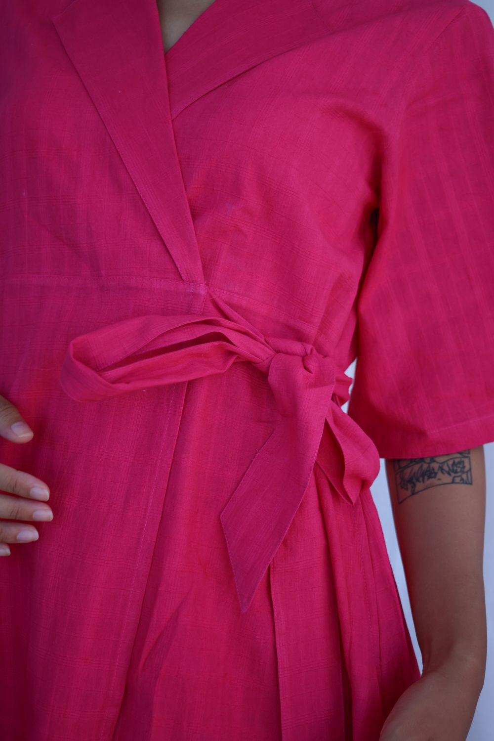 Recycled Cotton Pink Wrap Dress at Kamakhyaa by Raas. This item is Azo Free Dyes, Casual Wear, Cotton, Layla, Midi Dresses, Pink, Recycled, Relaxed Fit, Solids, Womenswear, Wrap Dresses