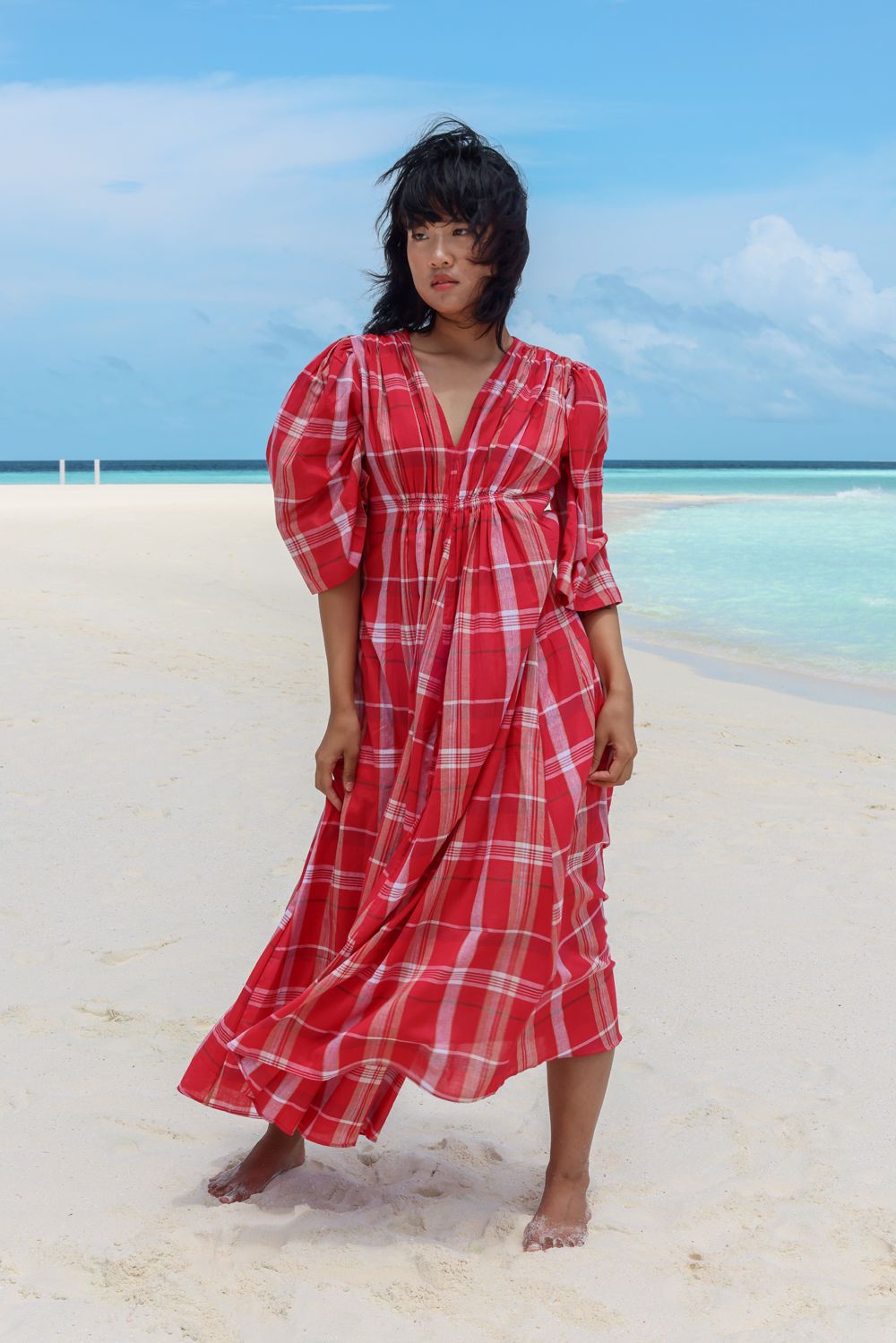 Recycled Cotton Red Solid Dress at Kamakhyaa by Raas. This item is Azo Free Dyes, Best Selling, Casual Wear, Checks, Cotton, Layla, Midi Dresses, Recycled, Red, Relaxed Fit, Womenswear