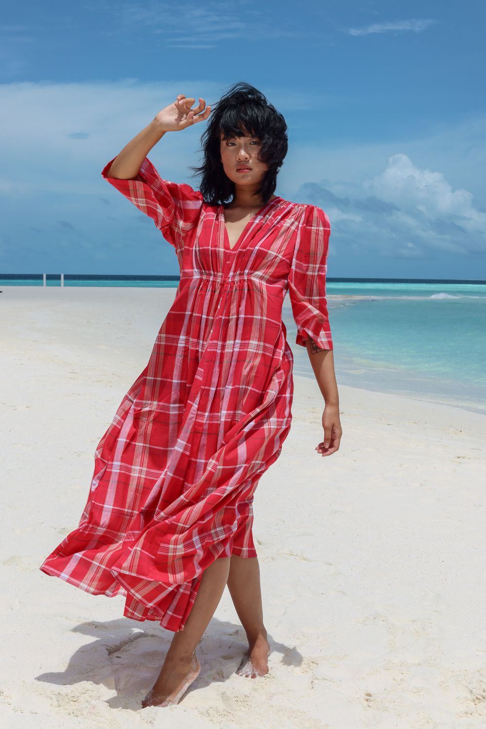 Recycled Cotton Red Solid Dress at Kamakhyaa by Raas. This item is Azo Free Dyes, Best Selling, Casual Wear, Checks, Cotton, Layla, Midi Dresses, Recycled, Red, Relaxed Fit, Womenswear