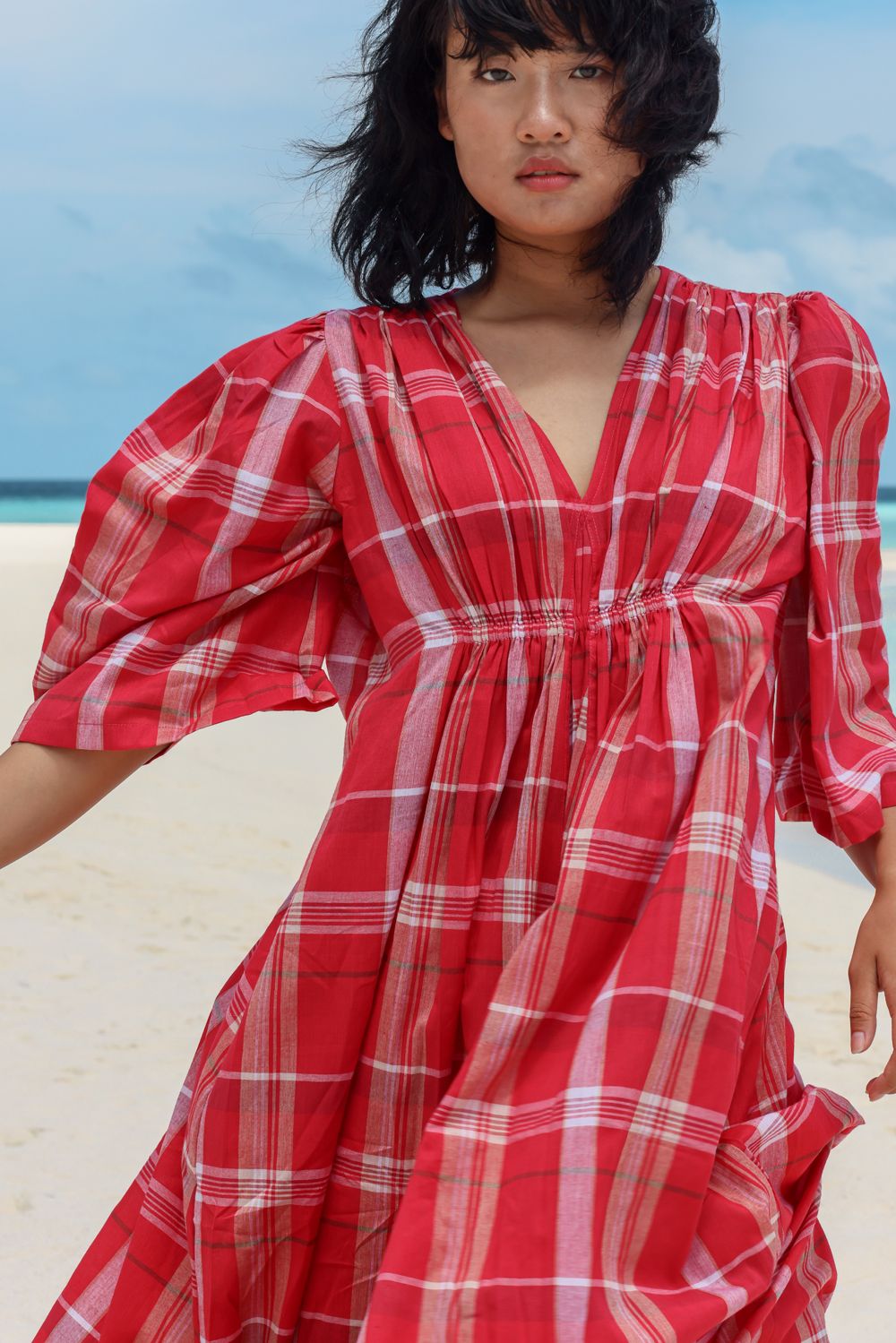 Recycled Cotton Red Solid Dress at Kamakhyaa by Raas. This item is Azo Free Dyes, Best Selling, Casual Wear, Checks, Cotton, Layla, Midi Dresses, Recycled, Red, Relaxed Fit, Womenswear