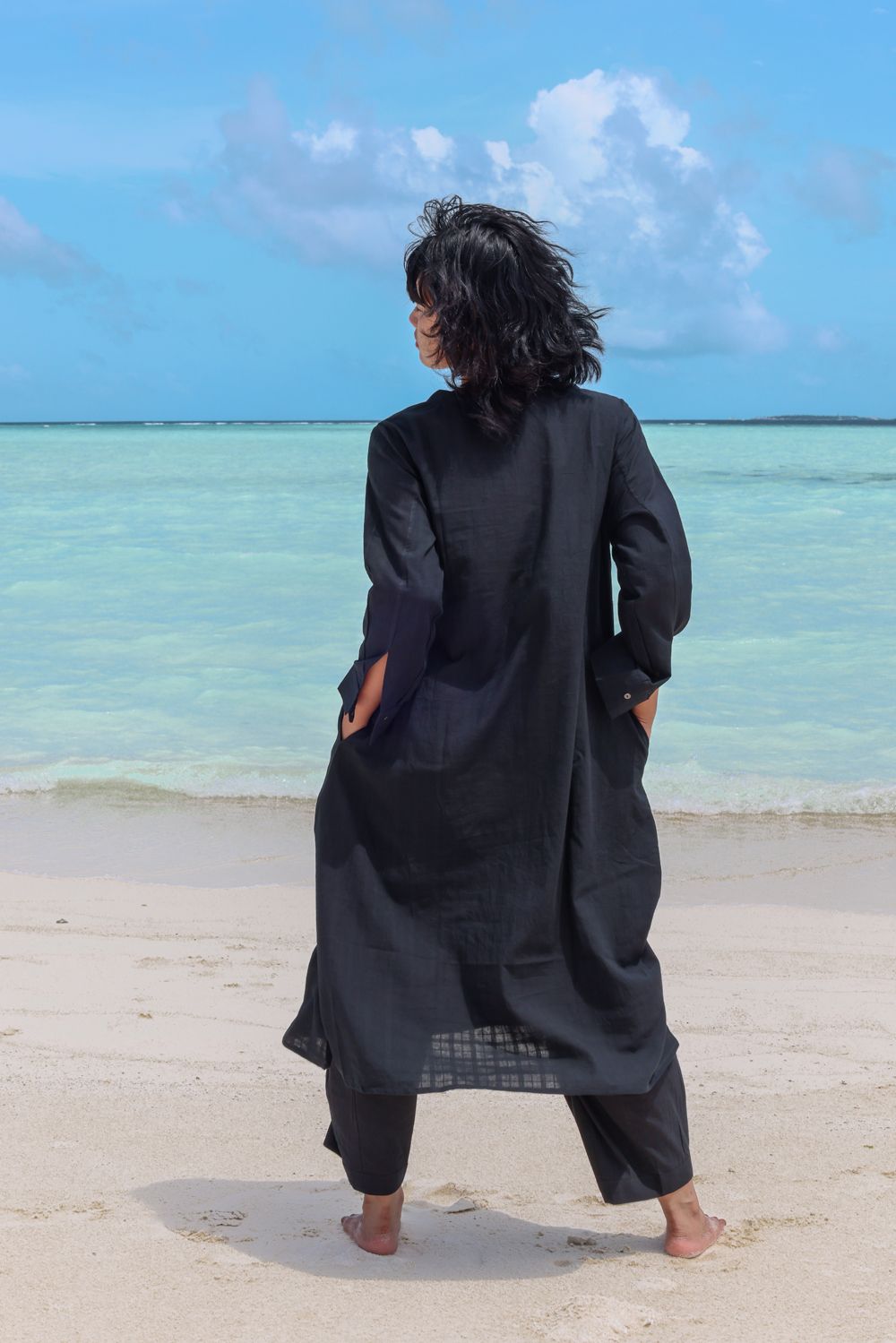 Recycled Cotton V-Neck Black Kurta at Kamakhyaa by Raas. This item is Azo Free Dyes, Black, Casual Wear, Cotton, Kurtas, Layla, Recycled, Relaxed Fit, Solids, Womenswear