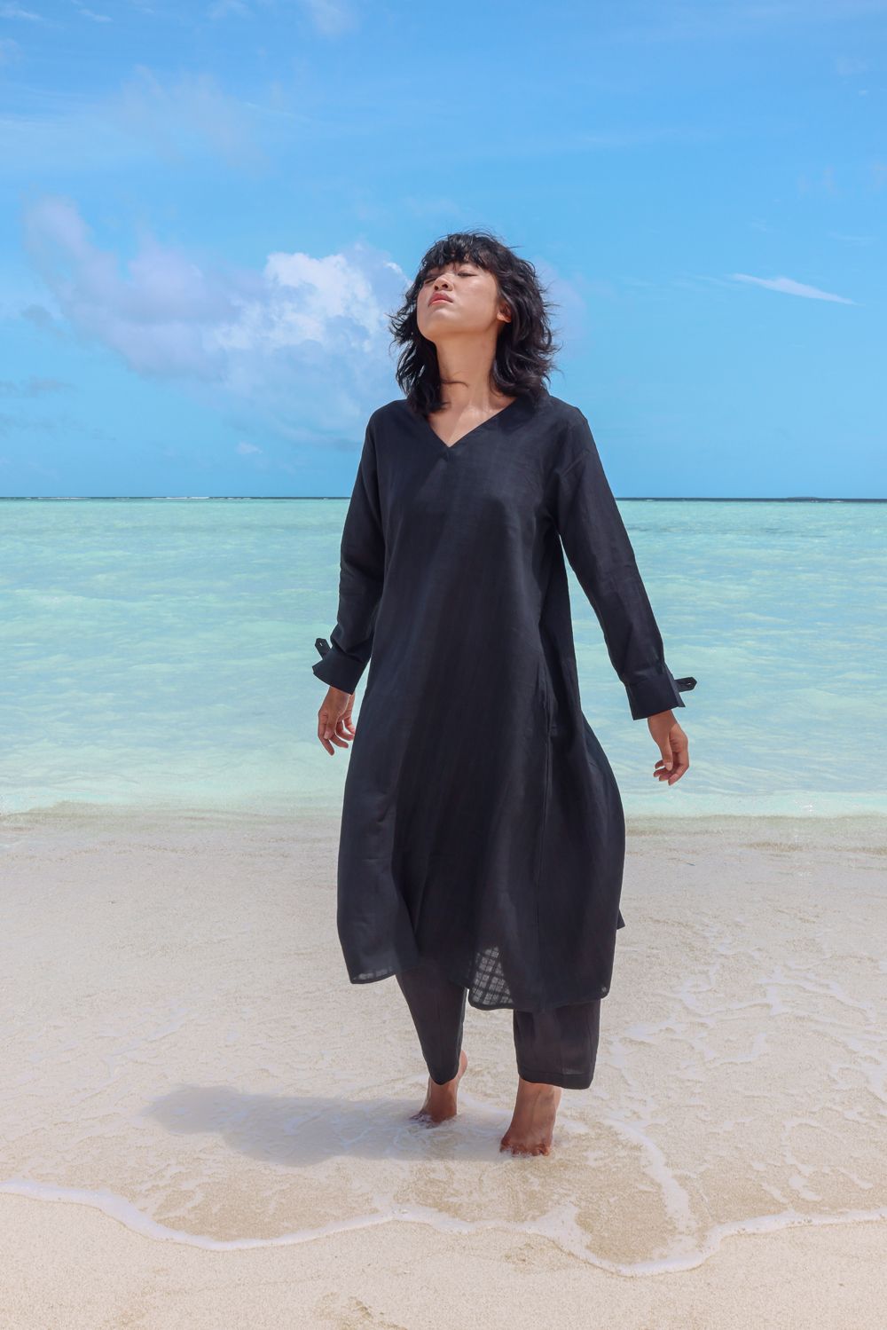 Recycled Cotton V-Neck Black Kurta at Kamakhyaa by Raas. This item is Azo Free Dyes, Black, Casual Wear, Cotton, Kurtas, Layla, Recycled, Relaxed Fit, Solids, Womenswear