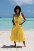 Recycled Cotton Yellow Solid Midi Dress at Kamakhyaa by Raas. This item is Azo Free Dyes, Cotton, Layla, Midi Dresses, Recycled, Relaxed Fit, Resort Wear, Sleeveless Dresses, Solids, Womenswear, Yellow