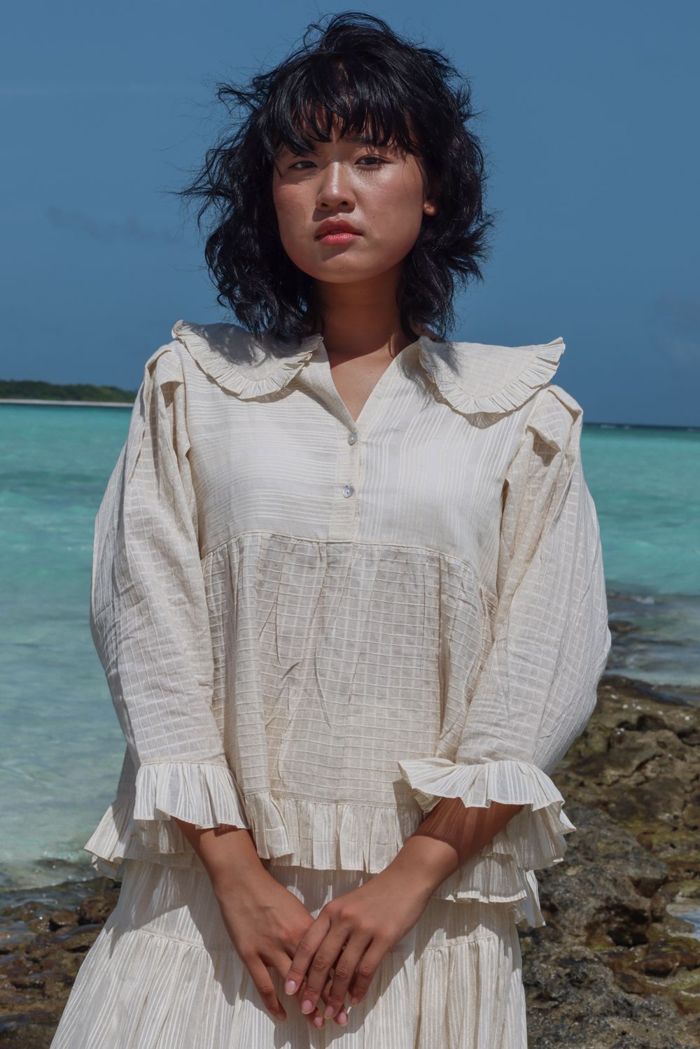 Recycled Off-White Cotton Tunic Tops at Kamakhyaa by Raas. This item is Azo Free Dyes, Casual Wear, Cotton, Layla, Off-White, Recycled, Relaxed Fit, Solids, Tunics Tops, Womenswear