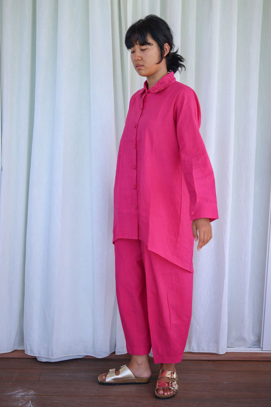 Recycled Pink Cotton Pants at Kamakhyaa by Raas. This item is Azo Free Dyes, Cotton, Layla, Office Wear, Pants, Pink, Recycled, Relaxed Fit, Solids, Womenswear