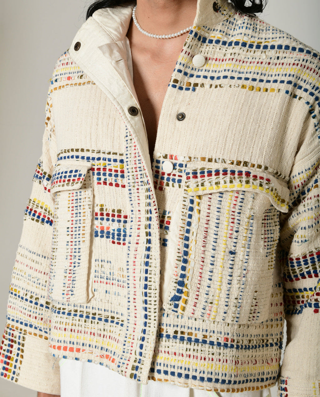 Recycled White Multi Colored Collared Cotton Jacket at Kamakhyaa by Rias Jaipur. This item is 100% Cotton, Casual wear, Multicolor, Natural, Overlays, RE 2.O, Regular, Stripes, Unisex, White, Womenswear