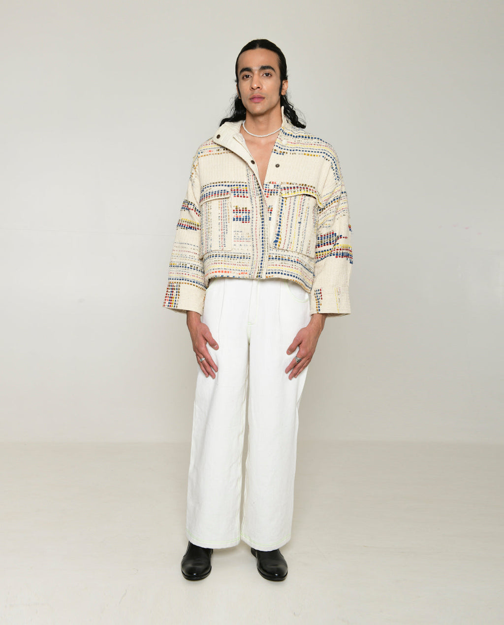 Recycled White Multi Colored Collared Cotton Jacket at Kamakhyaa by Rias Jaipur. This item is 100% Cotton, Casual wear, Multicolor, Natural, Overlays, RE 2.O, Regular, Stripes, Unisex, White, Womenswear