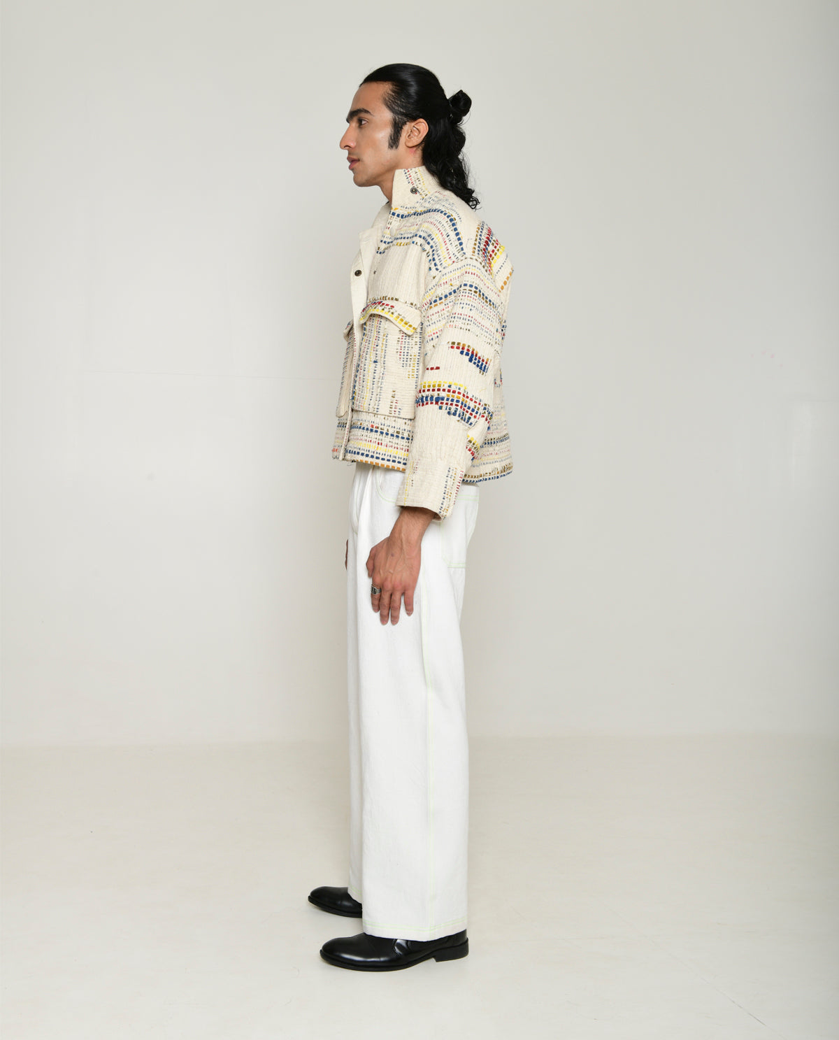 Recycled White Multi Colored Collared Cotton Jacket at Kamakhyaa by Rias Jaipur. This item is 100% Cotton, Casual wear, Multicolor, Natural, Overlays, RE 2.O, Regular, Stripes, Unisex, White, Womenswear