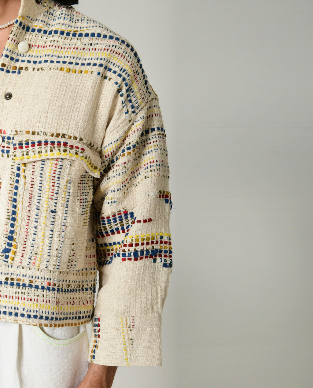 Recycled White Multi Colored Collared Cotton Jacket at Kamakhyaa by Rias Jaipur. This item is 100% Cotton, Casual wear, Multicolor, Natural, Overlays, RE 2.O, Regular, Stripes, Unisex, White, Womenswear