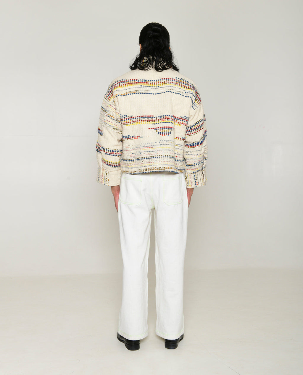 Recycled White Multi Colored Collared Cotton Jacket at Kamakhyaa by Rias Jaipur. This item is 100% Cotton, Casual wear, Multicolor, Natural, Overlays, RE 2.O, Regular, Stripes, Unisex, White, Womenswear