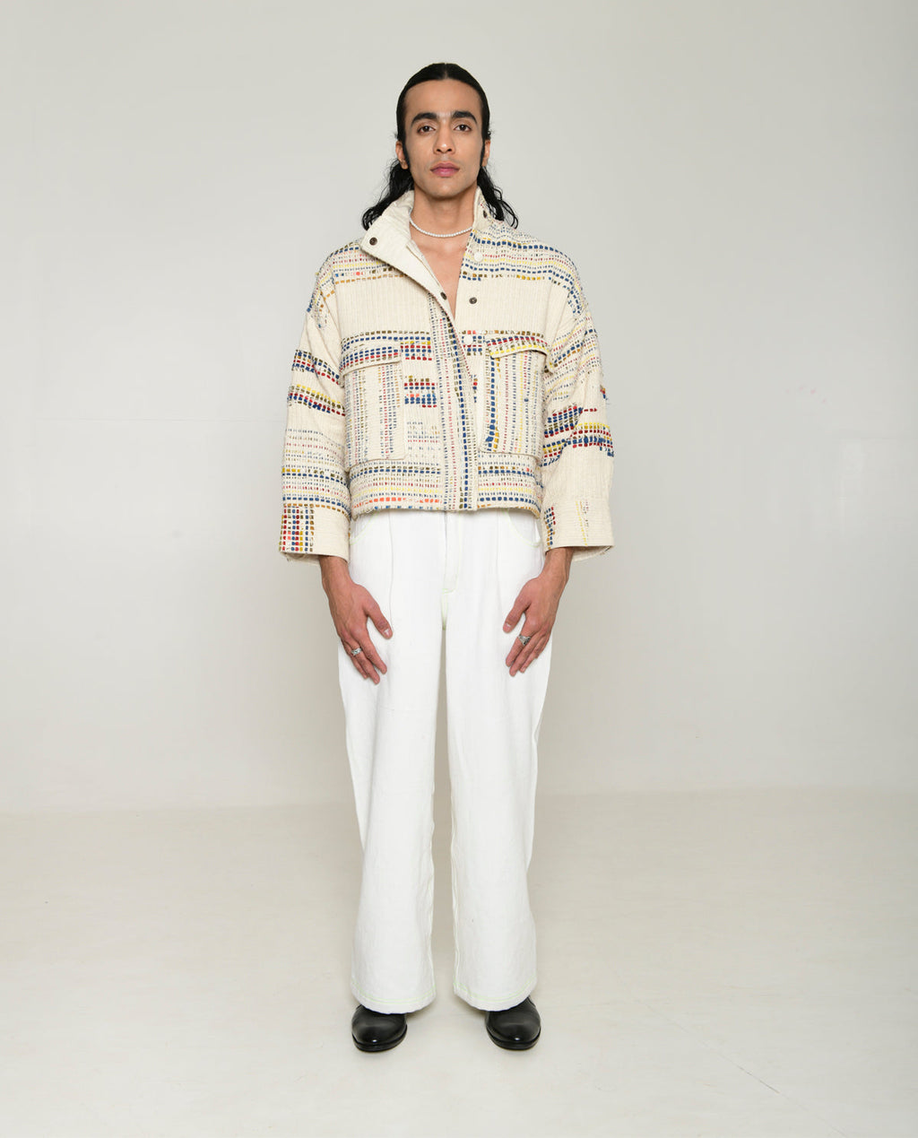 Recycled White Multi Colored Collared Cotton Jacket at Kamakhyaa by Rias Jaipur. This item is 100% Cotton, Casual wear, Multicolor, Natural, Overlays, RE 2.O, Regular, Stripes, Unisex, White, Womenswear