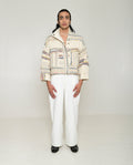 Recycled White Multi Colored Collared Cotton Jacket at Kamakhyaa by Rias Jaipur. This item is 100% Cotton, Casual wear, Multicolor, Natural, Overlays, RE 2.O, Regular, Stripes, Unisex, White, Womenswear