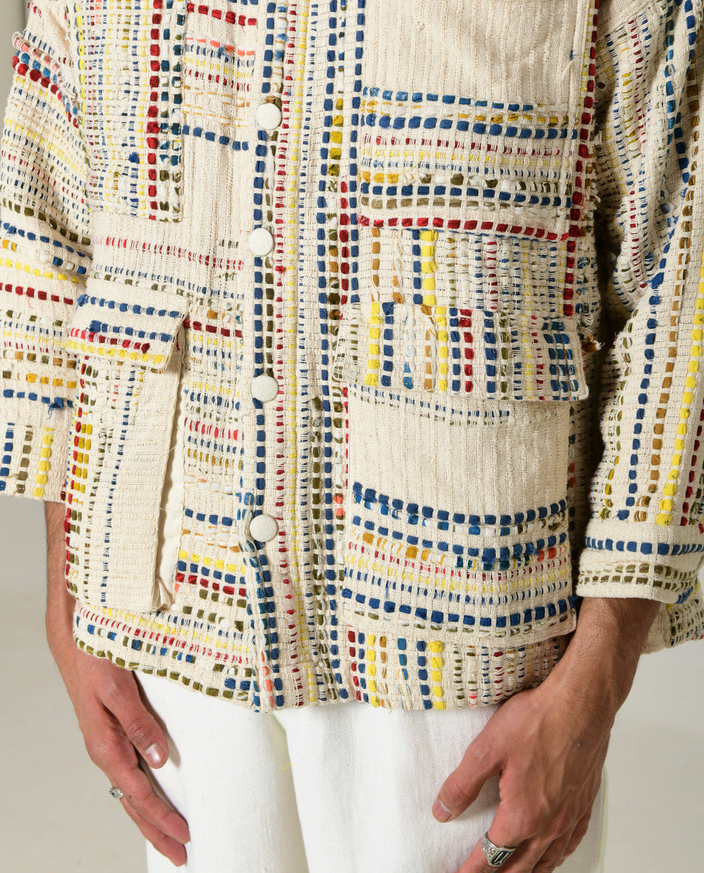 Recycled White Multi Colored Collared Cotton Shirt at Kamakhyaa by Rias Jaipur. This item is 100% Cotton, Casual wear, Multi-coloured, Natural, RE 2.O, Regular, Stripes, Tops, Unisex, White, Womenswear