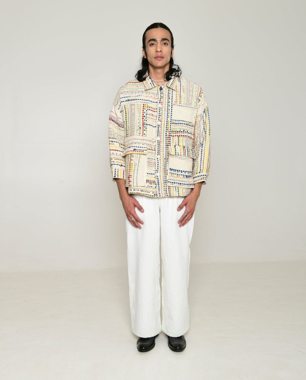 Recycled White Multi Colored Collared Cotton Shirt at Kamakhyaa by Rias Jaipur. This item is 100% Cotton, Casual wear, Multi-coloured, Natural, RE 2.O, Regular, Stripes, Tops, Unisex, White, Womenswear