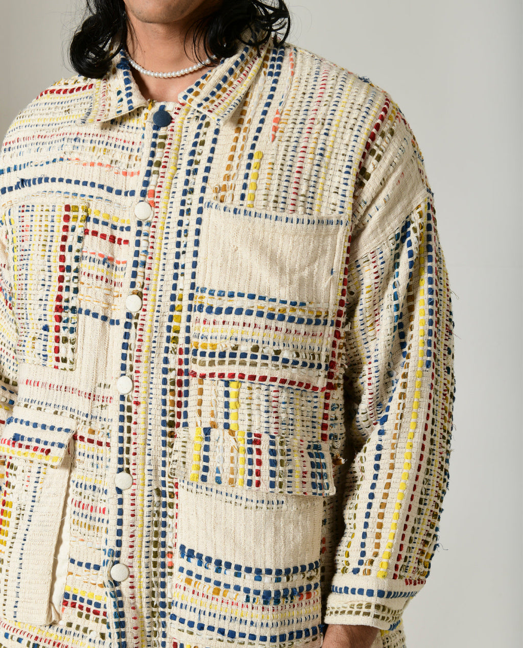 Recycled White Multi Colored Collared Cotton Shirt at Kamakhyaa by Rias Jaipur. This item is 100% Cotton, Casual wear, Multi-coloured, Natural, RE 2.O, Regular, Stripes, Tops, Unisex, White, Womenswear