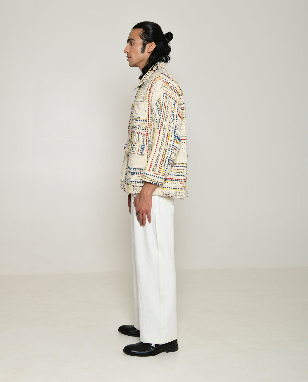 Recycled White Multi Colored Collared Cotton Shirt at Kamakhyaa by Rias Jaipur. This item is 100% Cotton, Casual wear, Multi-coloured, Natural, RE 2.O, Regular, Stripes, Tops, Unisex, White, Womenswear