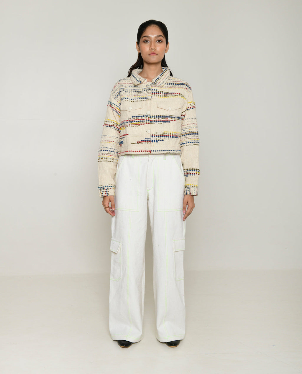 Recycled White Multi Colored Cropped Cotton Jacket at Kamakhyaa by Rias Jaipur. This item is 100% Cotton, Casual wear, Multicolor, Natural, RE 2.O, Regular, Stripes, Unisex, White, Womenswear