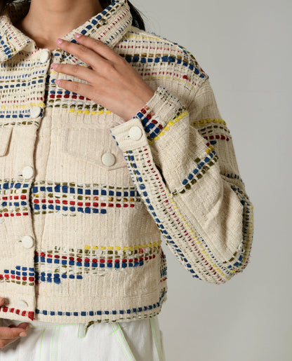 Recycled White Multi Colored Cropped Cotton Jacket at Kamakhyaa by Rias Jaipur. This item is 100% Cotton, Casual wear, Multicolor, Natural, RE 2.O, Regular, Stripes, Unisex, White, Womenswear