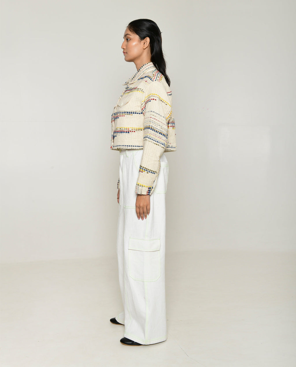 Recycled White Multi Colored Cropped Cotton Jacket at Kamakhyaa by Rias Jaipur. This item is 100% Cotton, Casual wear, Multicolor, Natural, RE 2.O, Regular, Stripes, Unisex, White, Womenswear