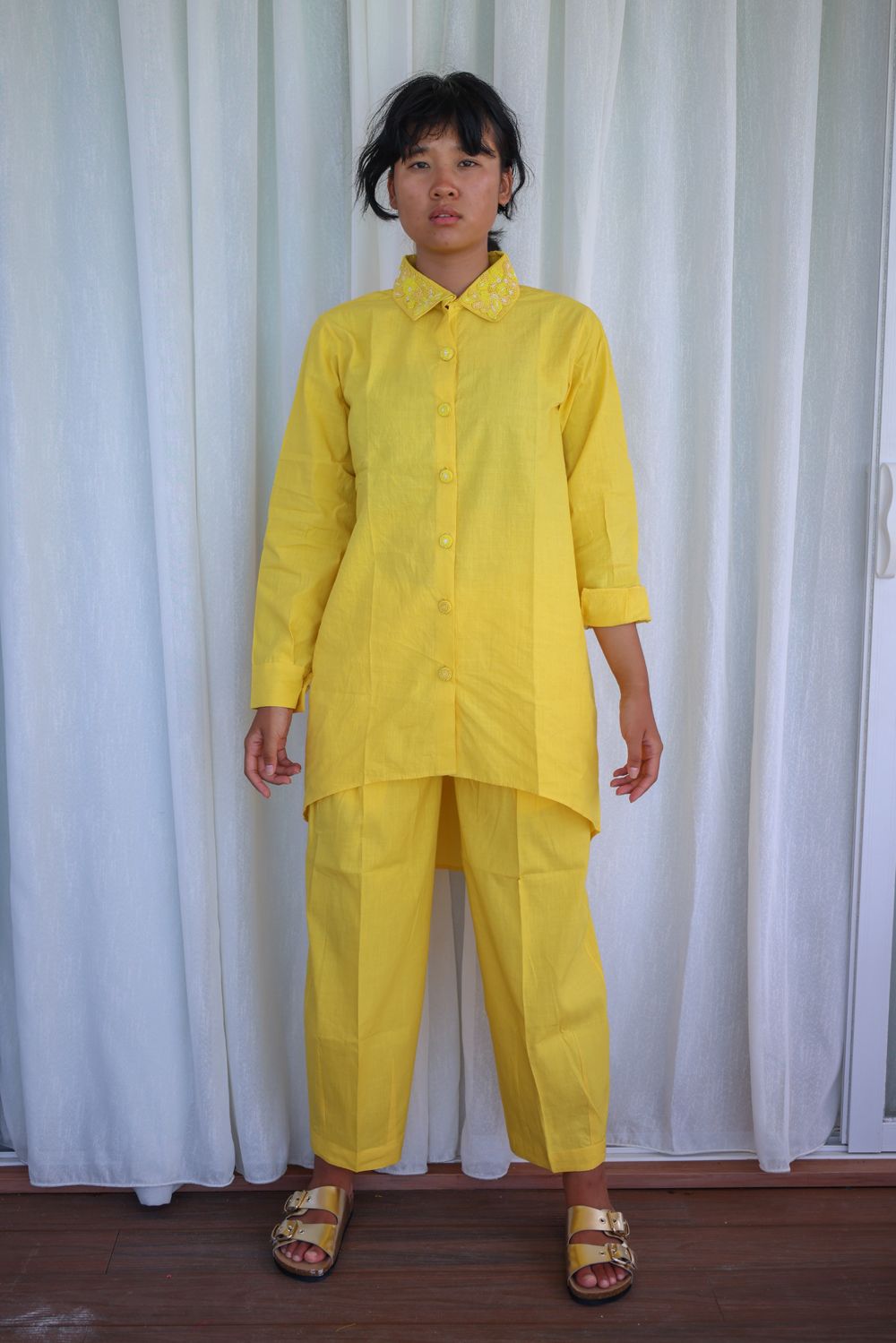 Recycled Yellow Cotton Pants at Kamakhyaa by Raas. This item is Azo Free Dyes, Cotton, Layla, Office Wear, Pants, Recycled, Relaxed Fit, Solids, Womenswear, Yellow