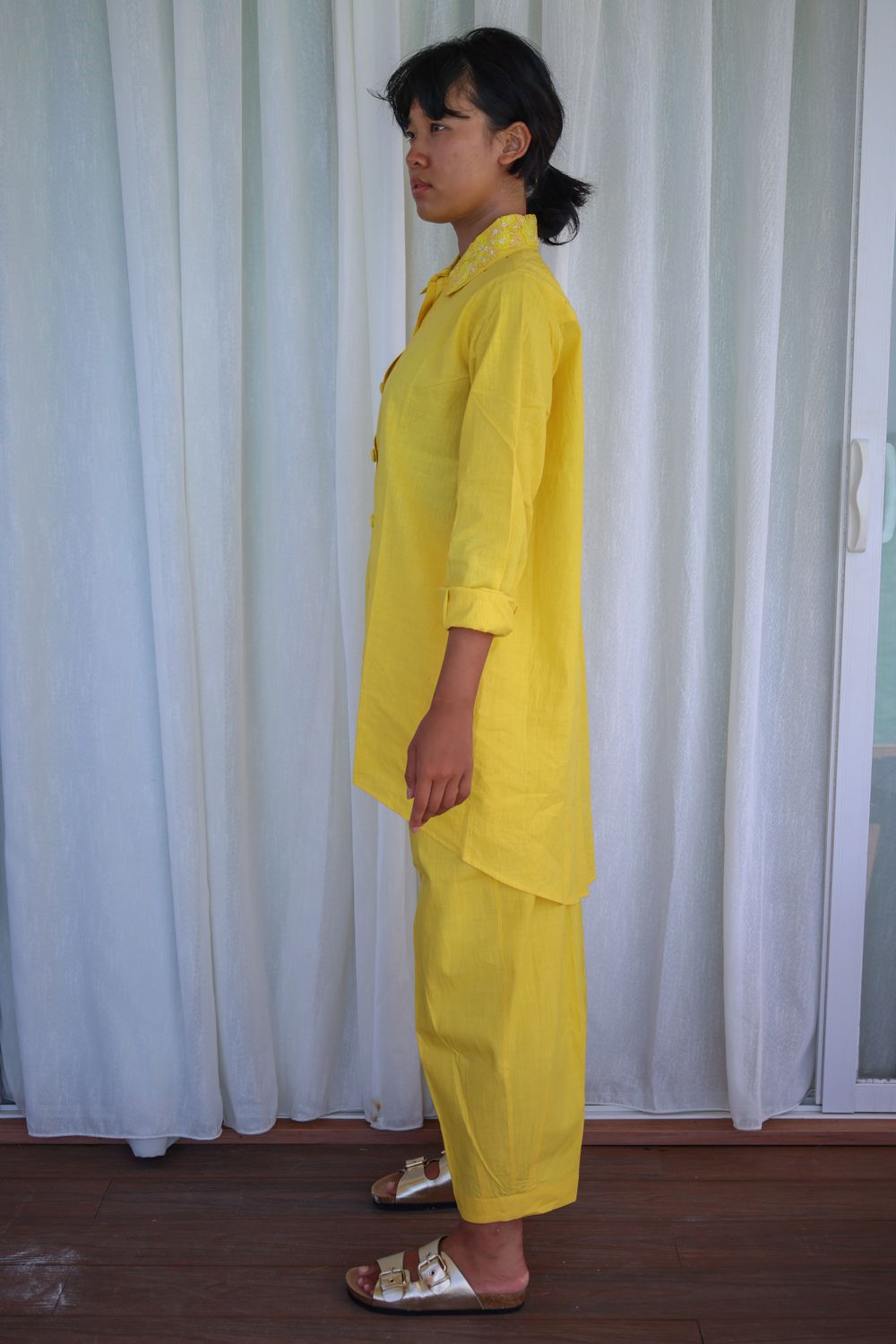 Recycled Yellow Cotton Pants at Kamakhyaa by Raas. This item is Azo Free Dyes, Cotton, Layla, Office Wear, Pants, Recycled, Relaxed Fit, Solids, Womenswear, Yellow