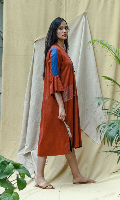 Red 3/4th Sleeves Midi Dress at Kamakhyaa by Chambray & Co.. This item is Casual Wear, Hand Spun Cotton, Midi Dresses, Natural, Red, Regular Fit, Render, Solids, Womenswear