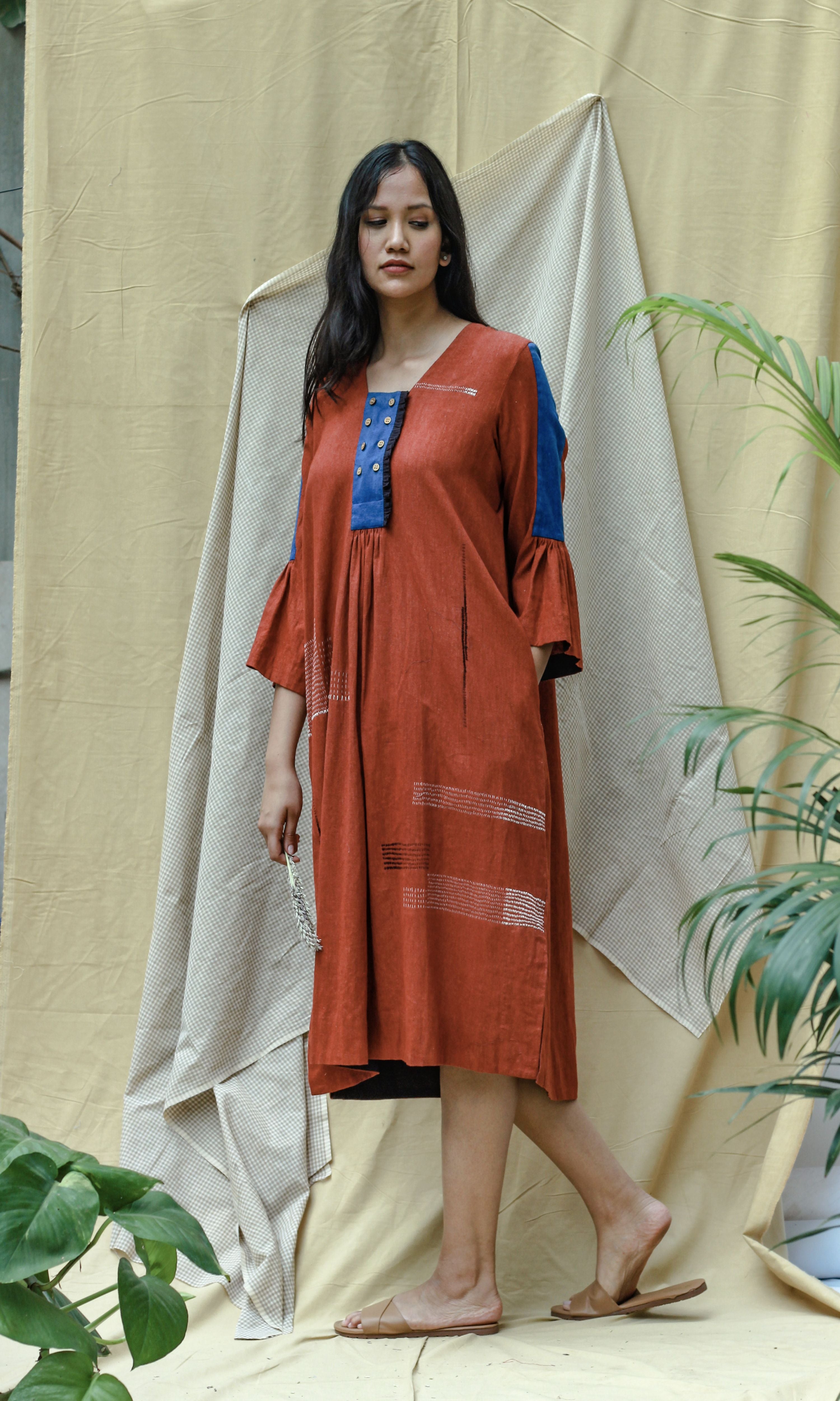 Red 3/4th Sleeves Midi Dress at Kamakhyaa by Chambray & Co.. This item is Casual Wear, Hand Spun Cotton, Midi Dresses, Natural, Red, Regular Fit, Render, Solids, Womenswear