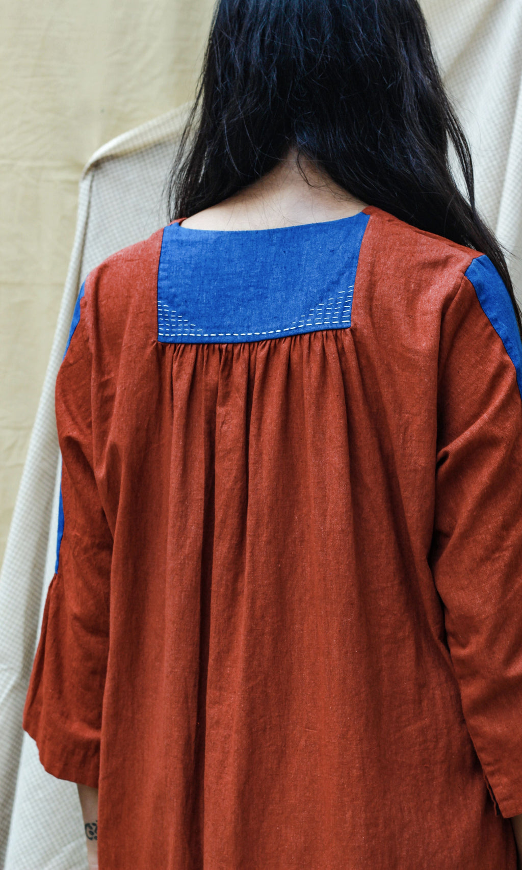 Red 3/4th Sleeves Midi Dress at Kamakhyaa by Chambray & Co.. This item is Casual Wear, Hand Spun Cotton, Midi Dresses, Natural, Red, Regular Fit, Render, Solids, Womenswear