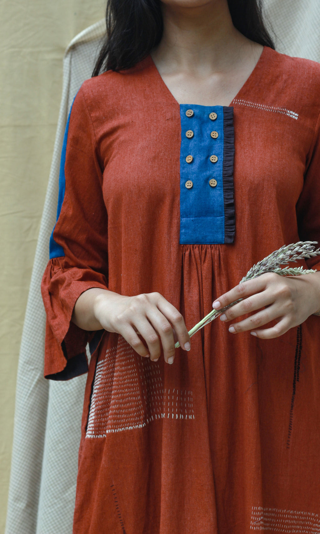 Red 3/4th Sleeves Midi Dress at Kamakhyaa by Chambray & Co.. This item is Casual Wear, Hand Spun Cotton, Midi Dresses, Natural, Red, Regular Fit, Render, Solids, Womenswear