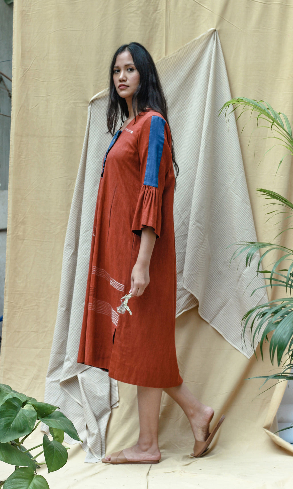 Red 3/4th Sleeves Midi Dress at Kamakhyaa by Chambray & Co.. This item is Casual Wear, Hand Spun Cotton, Midi Dresses, Natural, Red, Regular Fit, Render, Solids, Womenswear
