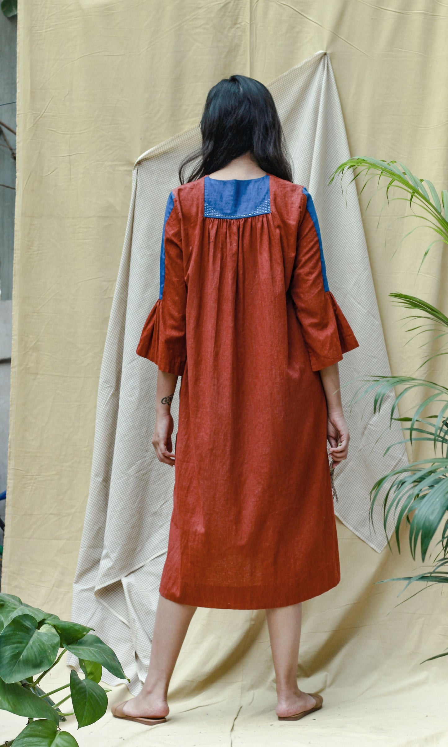 Red 3/4th Sleeves Midi Dress at Kamakhyaa by Chambray & Co.. This item is Casual Wear, Hand Spun Cotton, Midi Dresses, Natural, Red, Regular Fit, Render, Solids, Womenswear