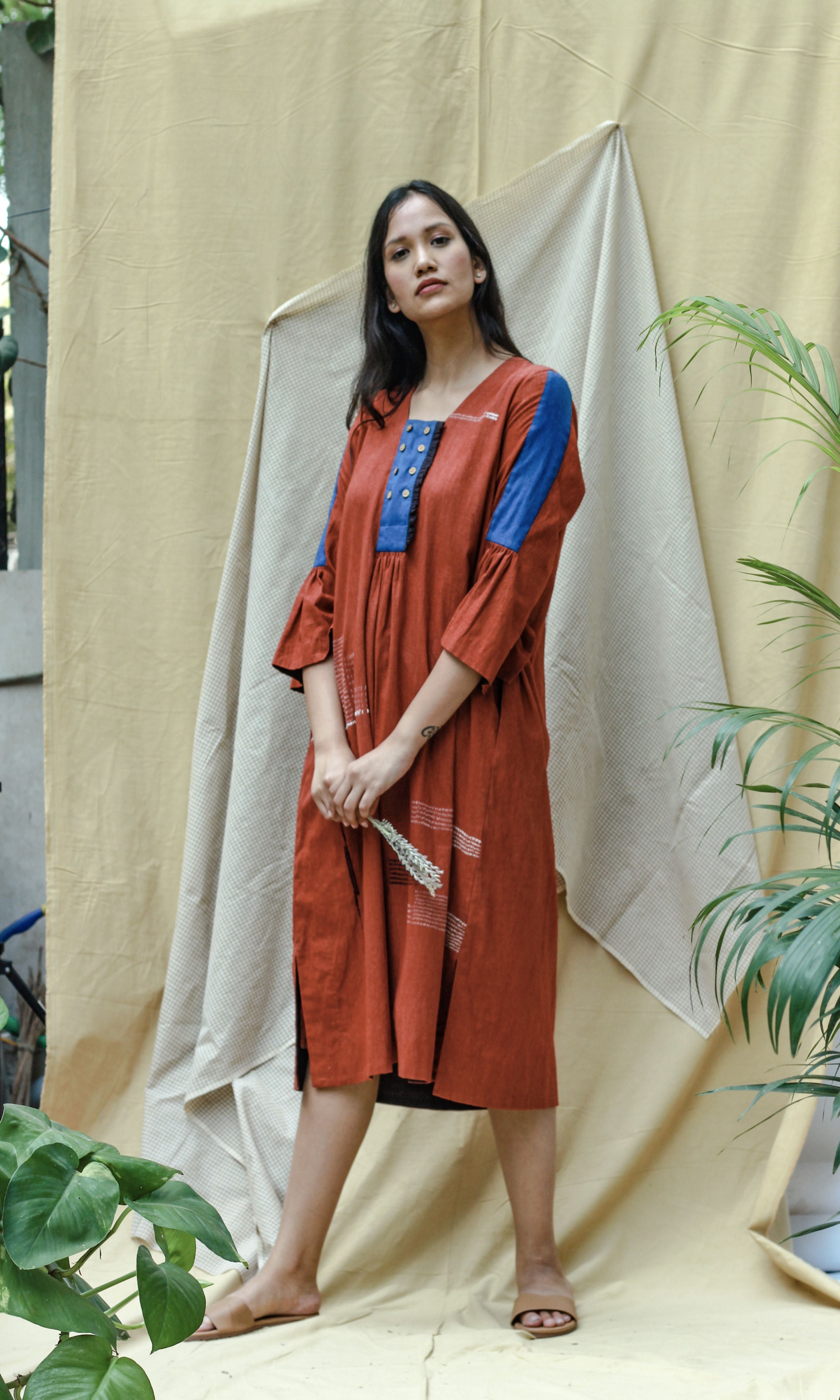 Red 3/4th Sleeves Midi Dress at Kamakhyaa by Chambray & Co.. This item is Casual Wear, Hand Spun Cotton, Midi Dresses, Natural, Red, Regular Fit, Render, Solids, Womenswear