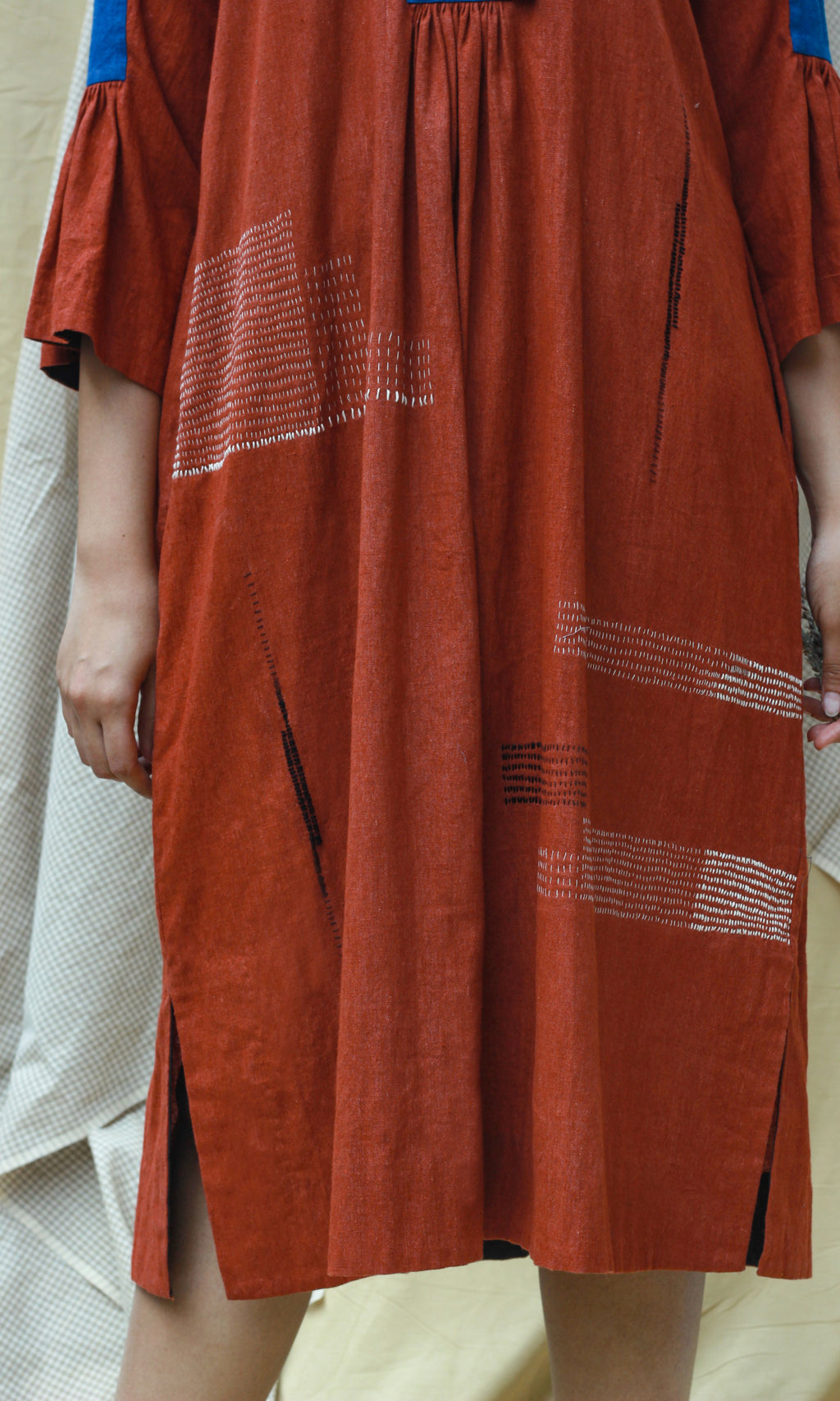 Red 3/4th Sleeves Midi Dress at Kamakhyaa by Chambray & Co.. This item is Casual Wear, Hand Spun Cotton, Midi Dresses, Natural, Red, Regular Fit, Render, Solids, Womenswear