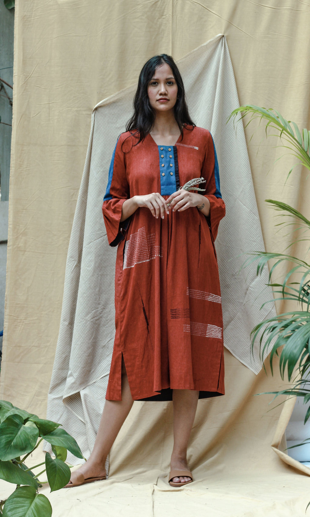 Red 3/4th Sleeves Midi Dress at Kamakhyaa by Chambray & Co.. This item is Casual Wear, Hand Spun Cotton, Midi Dresses, Natural, Red, Regular Fit, Render, Solids, Womenswear
