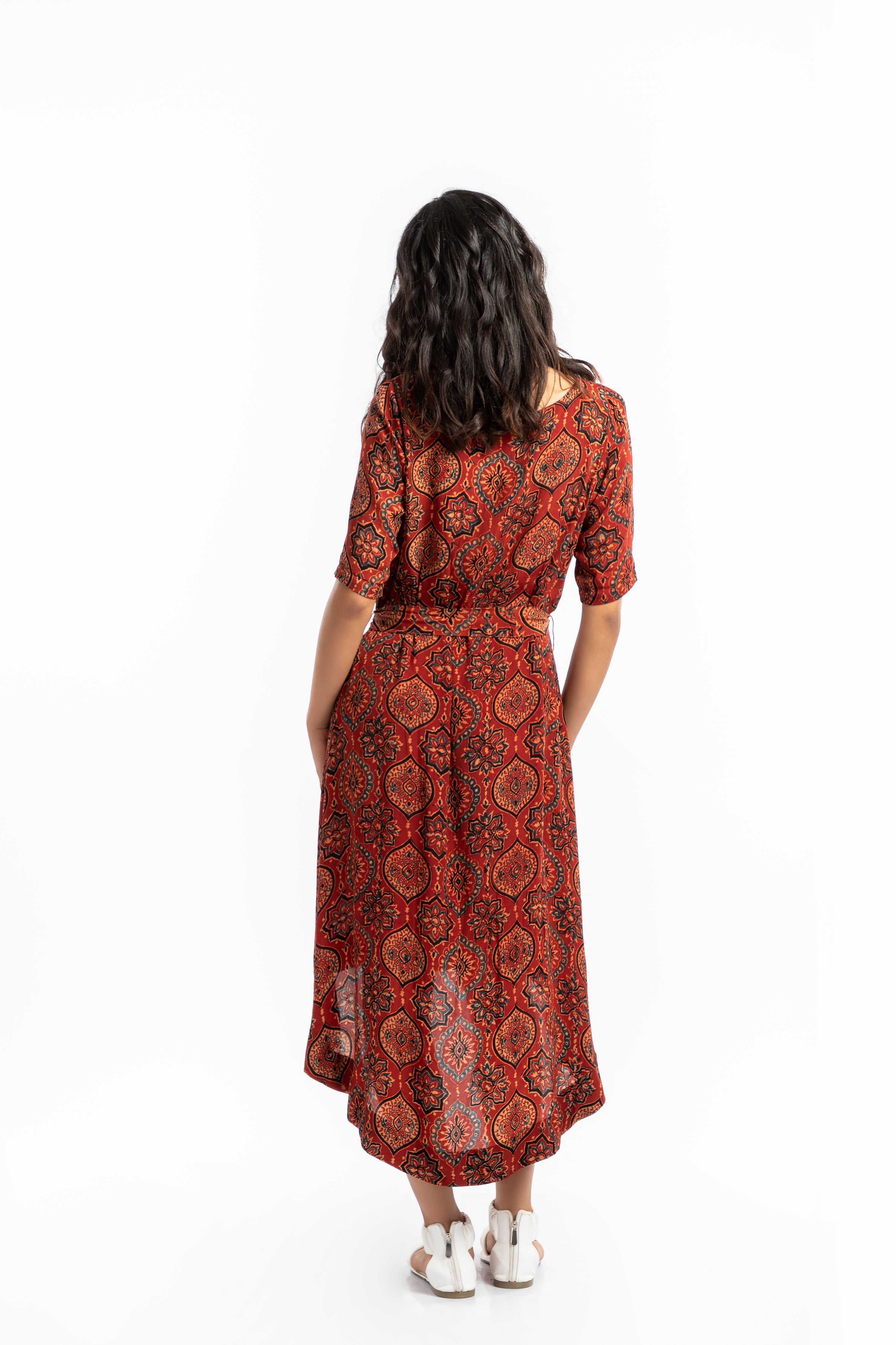 Red A-Line Dress at Kamakhyaa by House Of Ara. This item is Ajrakh, Ajrakh Collection, Casual Wear, Cupro, Midi Dresses, Natural, Prints, Red, Relaxed Fit, Shirt Dresses, Womenswear