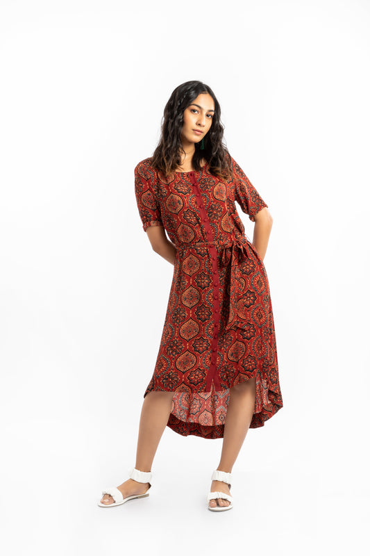 Red A-Line Dress at Kamakhyaa by House Of Ara. This item is Ajrakh, Ajrakh Collection, Casual Wear, Cupro, Midi Dresses, Natural, Prints, Red, Relaxed Fit, Shirt Dresses, Womenswear
