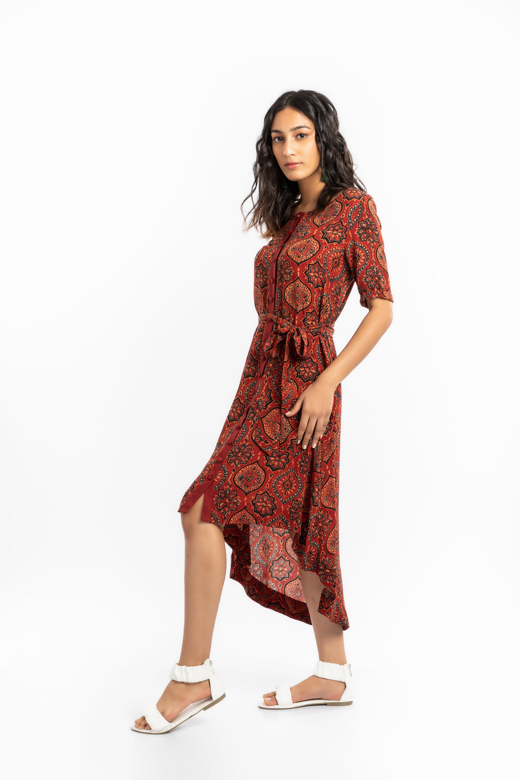 Red A-Line Dress at Kamakhyaa by House Of Ara. This item is Ajrakh, Ajrakh Collection, Casual Wear, Cupro, Midi Dresses, Natural, Prints, Red, Relaxed Fit, Shirt Dresses, Womenswear