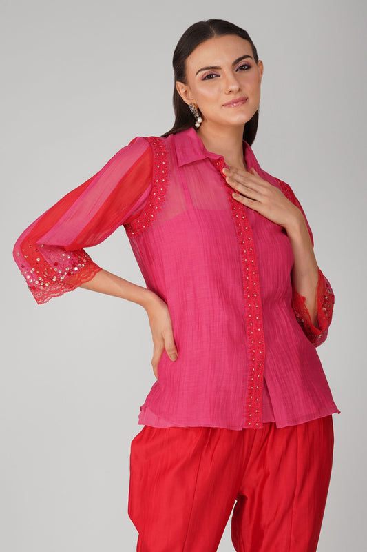Red And Pink Chanderi Two-Tone Shirt at Kamakhyaa by Devyani Mehrotra. This item is Chanderi, Embellished, Indian Wear, Natural, Party Wear, Red, Regular Fit, Womenswear
