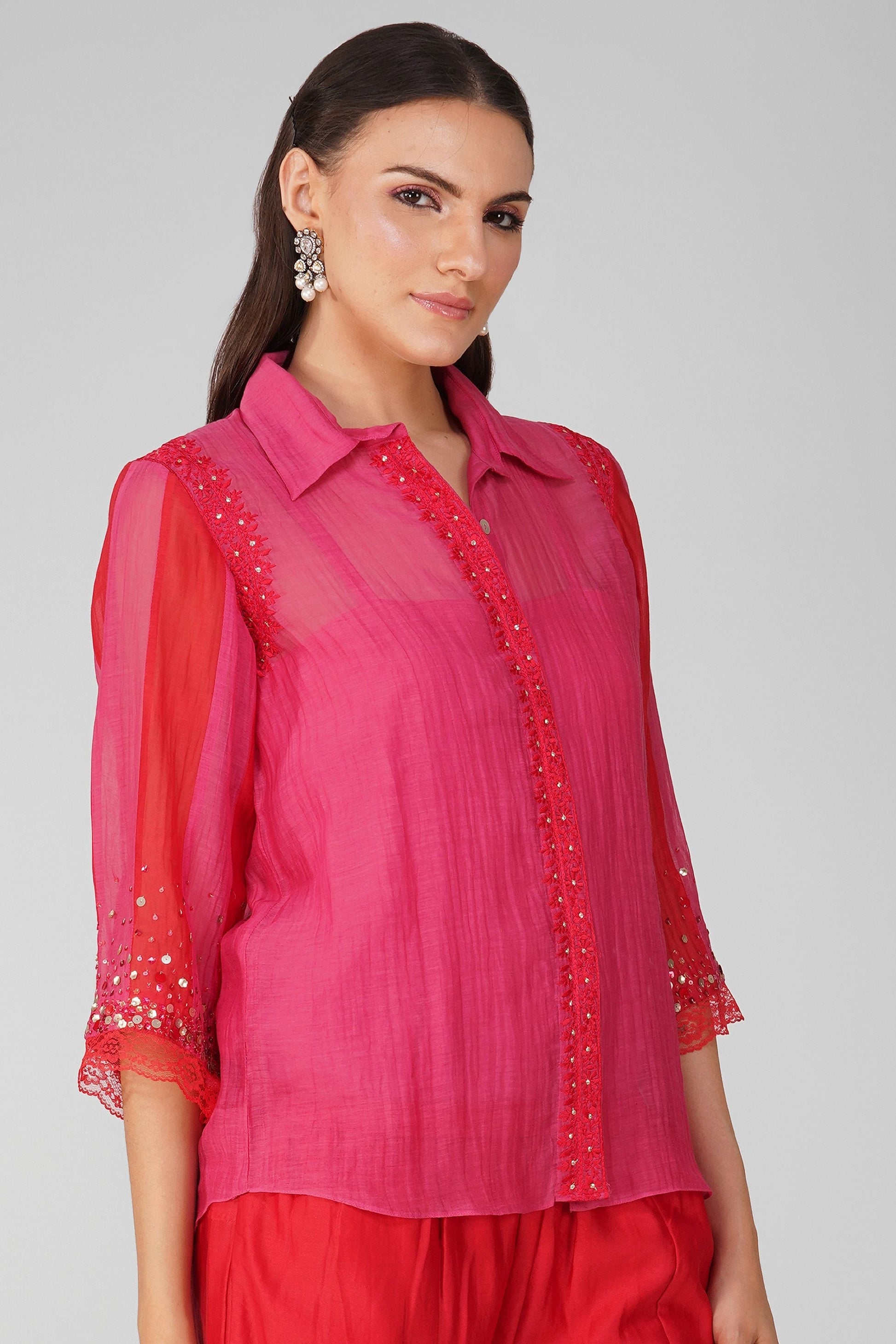 Red And Pink Chanderi Two-Tone Shirt at Kamakhyaa by Devyani Mehrotra. This item is Chanderi, Embellished, Indian Wear, Natural, Party Wear, Red, Regular Fit, Womenswear